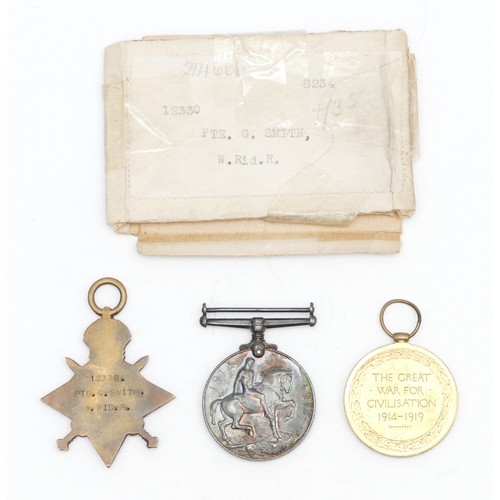 311 - WWI trio of War, Victory and the 1914-1915 Star, awarded to 12330 PTE. G. Smith. W. Riding Regiment,... 