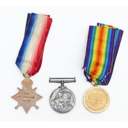 329 - WWI trio of War, Victory and the 1914-1915 Star, awarded to 15191 PTE. T. Sunderland. R. Scotts Fusi... 