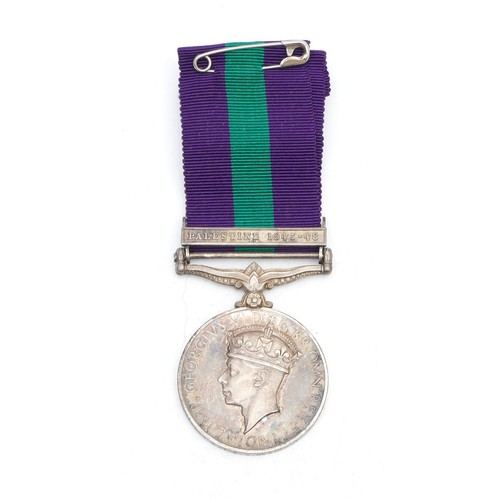 376 - G.S.M Palestine medal, clasped Palestine 1945-1958, presented to 14700941 SGT. B. S. Beamont. Herts,... 