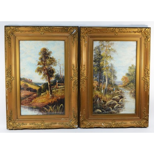 23 - After Irene Cafieri; Two forests views with rivers, in ornate wooden frames, oil on canvas, 68cm x 4... 