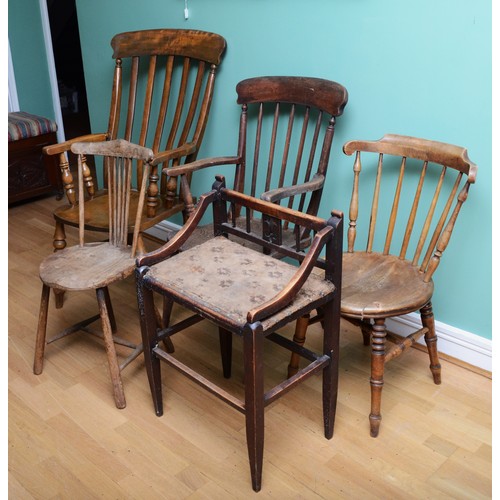 24 - Five antique wooden chairs, to include a Farmhouse armchair with an elm seat, a Windsor armchair, tw... 