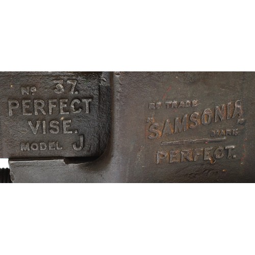 29 - A Samsonia Perfect, bench vice, No. 37, Model J, and another unbranded example, No. 3 RD689821. (2)