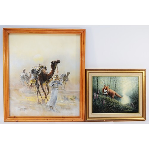 55 - Sung H Jee (20th c.), Three Camels with a Cameleer, oil on canvas, 67cm x 58, David Lawrence (21st c... 