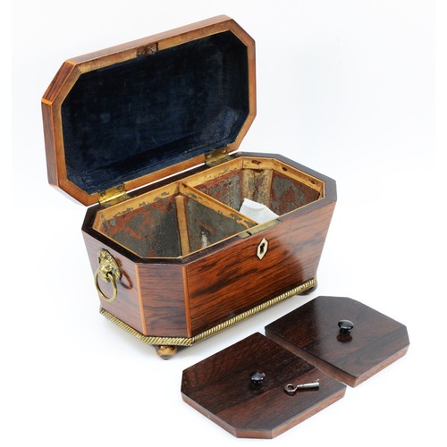 62 - A nineteenth century mahogany sarcophagus tea caddy, inlaid with boxwood accents, bone escutcheon, i... 