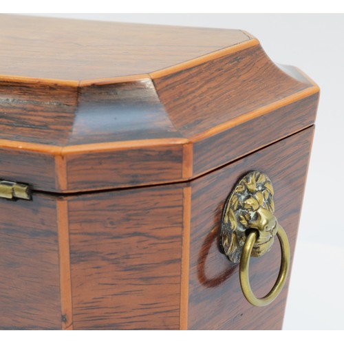 62 - A nineteenth century mahogany sarcophagus tea caddy, inlaid with boxwood accents, bone escutcheon, i... 