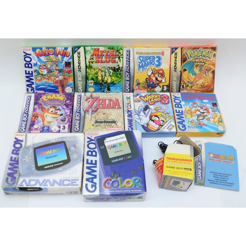 68 - A Game Boy Color, with original packaging and instruction manual, in purple, and a Game Boy Advance,... 