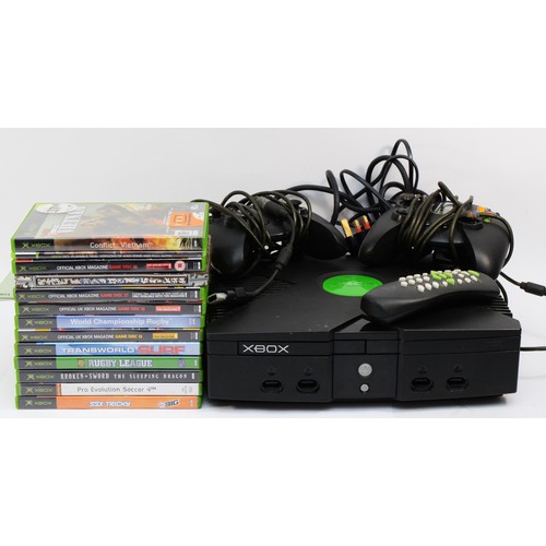 71 - An XBOX console, with two controllers and thirteen games, to include, Sonic Heroes, Rugby League and... 