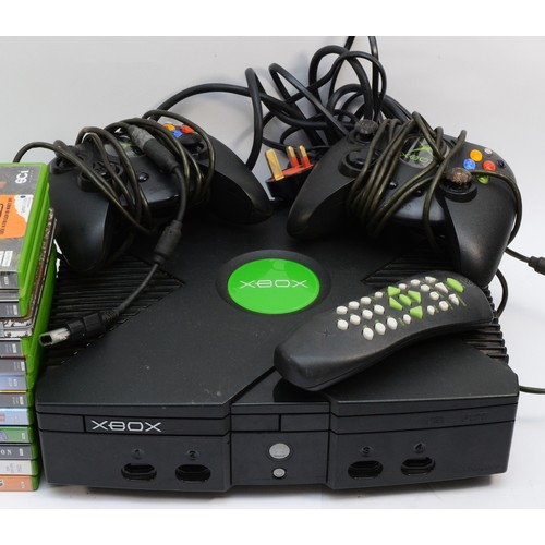 71 - An XBOX console, with two controllers and thirteen games, to include, Sonic Heroes, Rugby League and... 