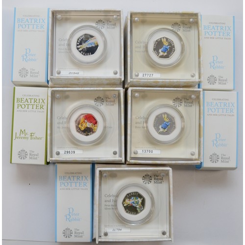 78 - Royal Mint, a collection of five silver and enamel proof 50p coins, Beatrix Potter; Mr Jeremy Fisher... 