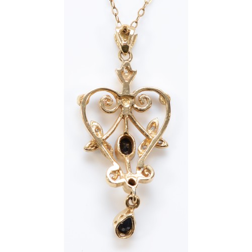 181 - A 9ct gold sapphire and diamond pendant with chain, 35mm total pendant length, 3.4g