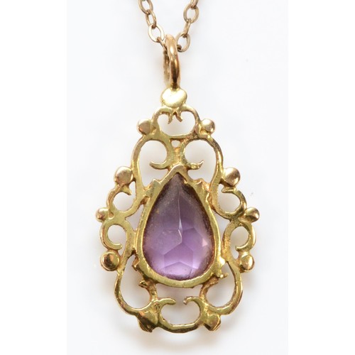 202 - A 9ct gold and amethyst pendant with a chain, 10mm x 6mm amethyst, 2.4g