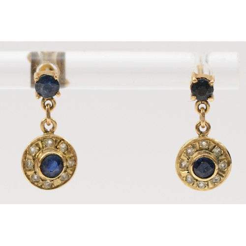 204 - A pair of 9ct gold sapphire and paste drop earrings, 14mm drop, 1.5g