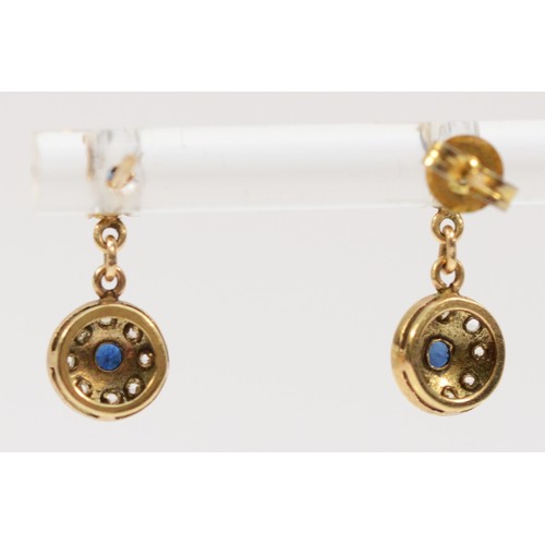 204 - A pair of 9ct gold sapphire and paste drop earrings, 14mm drop, 1.5g