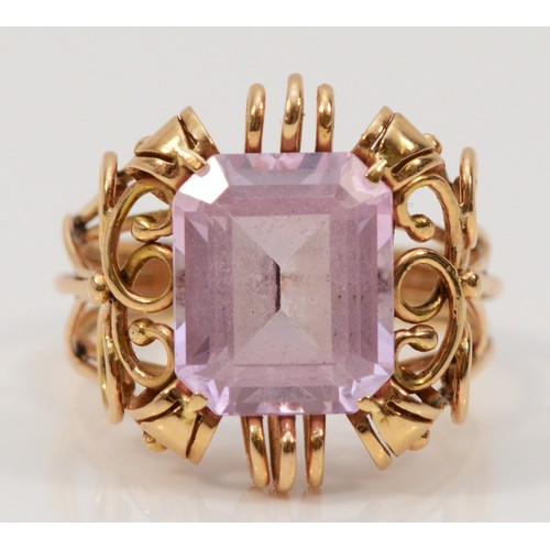 213 - An unmarked 14k rose gold and pink gemstone cocktail ring, possibly continental, 12mm x 10mm gemston... 