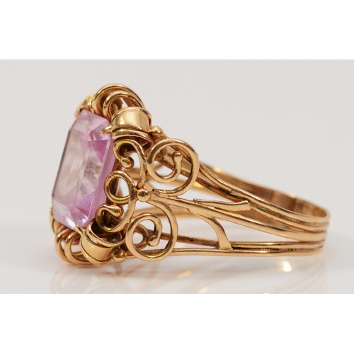 213 - An unmarked 14k rose gold and pink gemstone cocktail ring, possibly continental, 12mm x 10mm gemston... 