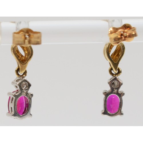 221 - A pair of 9ct yellow and white gold pink gemstone and diamond earrings with scroll backs, 20mm drop,... 