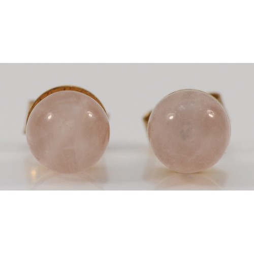 726 - A pair of 9ct gold rose quartz sphere earrings with scroll backs, 4mm diameter, 0.7g