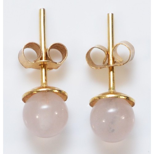 726 - A pair of 9ct gold rose quartz sphere earrings with scroll backs, 4mm diameter, 0.7g