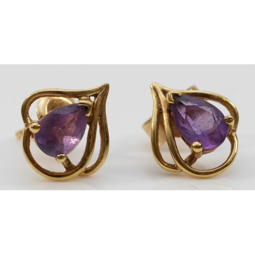 731 - A pair of 9ct gold amethyst earrings with scroll backs, 1.2g