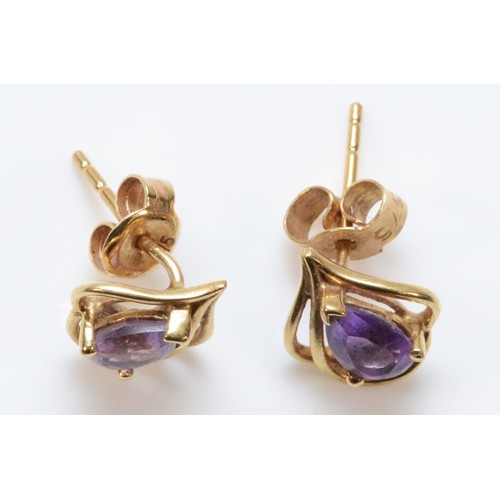 731 - A pair of 9ct gold amethyst earrings with scroll backs, 1.2g