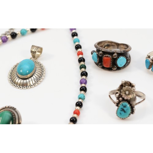 17 - Three Native American silver and gemset rings, a bead necklace and a pair of malachite ear rings, 37... 