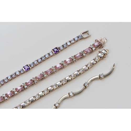 50 - A silver and amethyst line bracelet, 18.5cm and three other silver line bracelets, 42gm