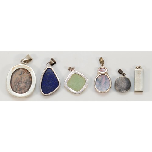 61 - Six silver mounted hardstone pendants, 58gm