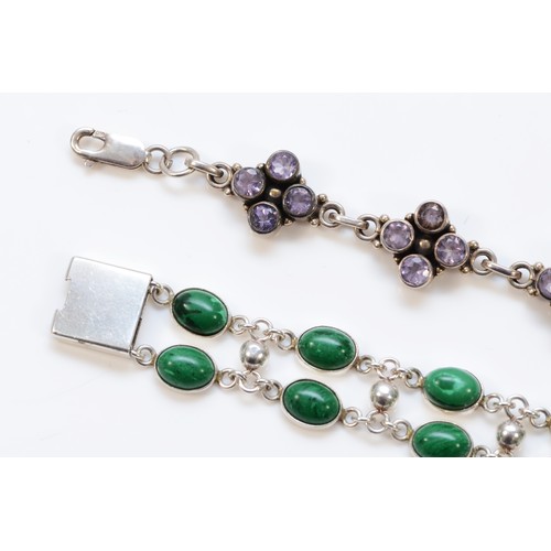 82 - An unmarked silver and malachite bracelet18.5cm and a 925 silver and amethyst bracelet, 36gm