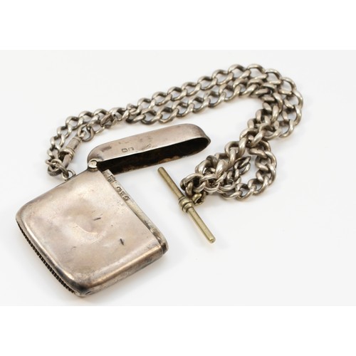 95 - A silver curb link watch chain, metal T bar with silver vesta case, Chester 1913, 67gm