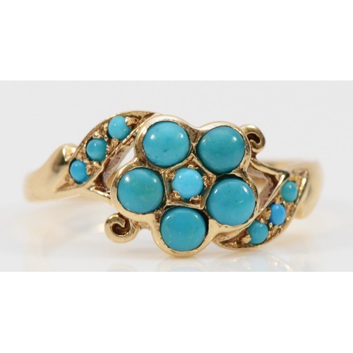 110 - A 9ct rose gold Victorian style turquoise cluster ring, N, 2.3gm