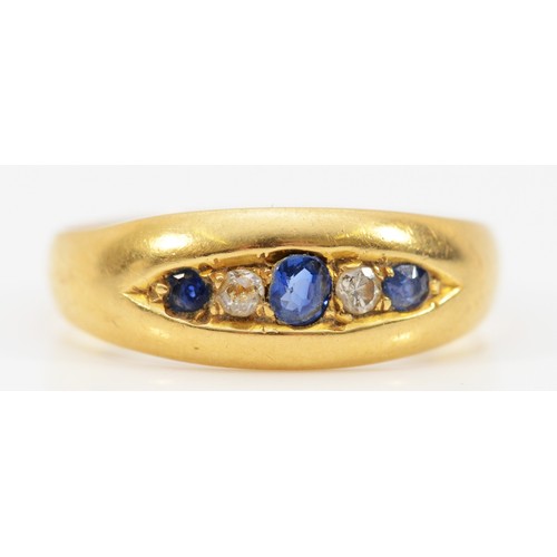 133 - An 18ct gold sapphire and diamond dress ring, Chester 1891, O 1/2, 3g