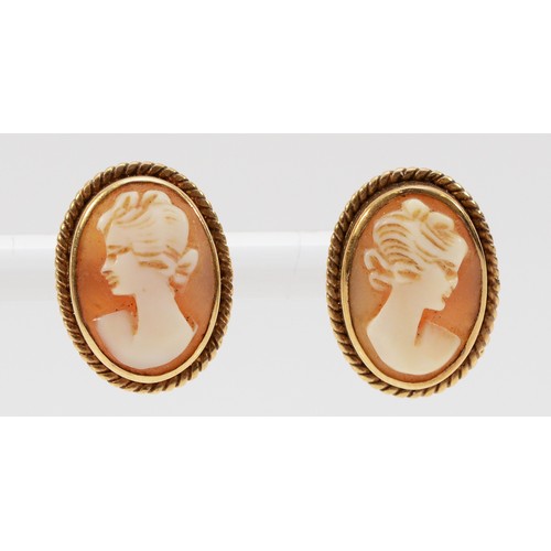 143 - A pair of 9ct gold shell cameo earrings with scroll backs, 15mm x 12mm, 3.4g