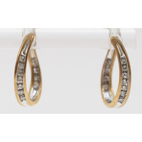 145 - A pair of 9ct gold diamond hoop earrings, 15mm drop, 2.2g