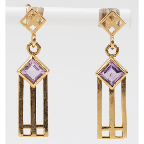 148 - A pair of 9ct gold amethyst drop earrings in the style of Rennie Mackintosh, with scroll backs, 3.4g