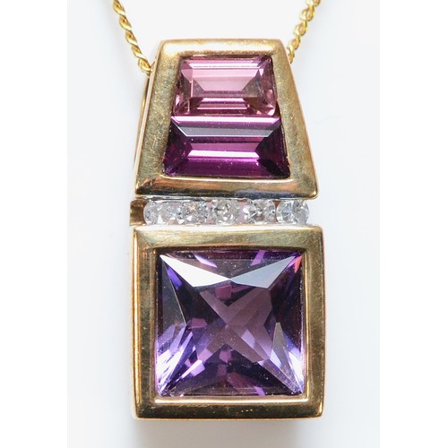 155 - A 9ct gold amethyst, garnet, tourmaline and diamond pendant with a chain, 15mm pendant drop, 2.4g