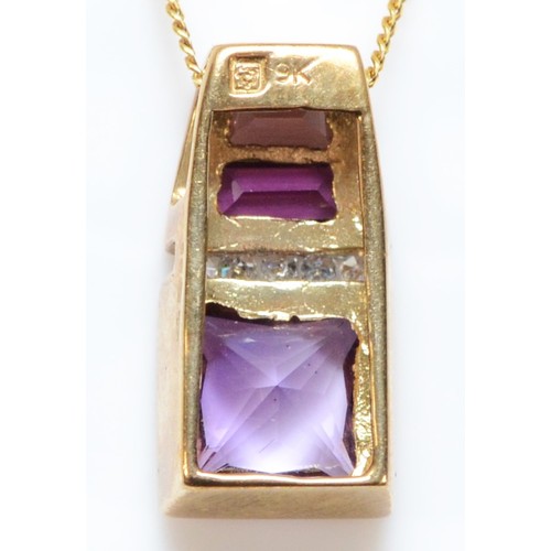 155 - A 9ct gold amethyst, garnet, tourmaline and diamond pendant with a chain, 15mm pendant drop, 2.4g