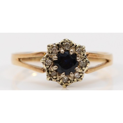 156 - A 9ct gold sapphire and diamond cluster ring, R 1/2, 2.8g