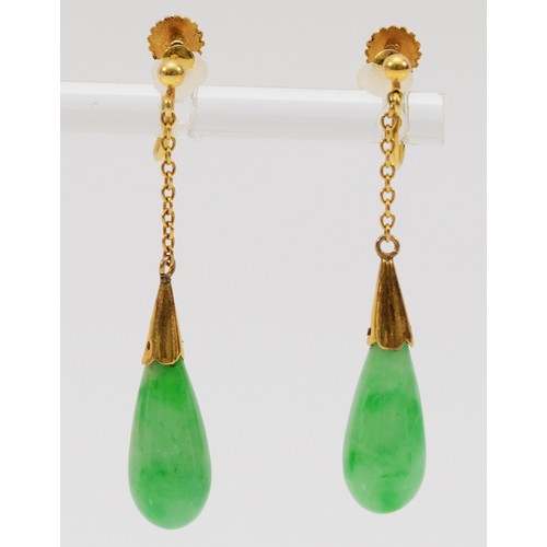 160 - A pair of 9ct gold jade drop earrings with screw backs, 45mm total drop, 4.8g