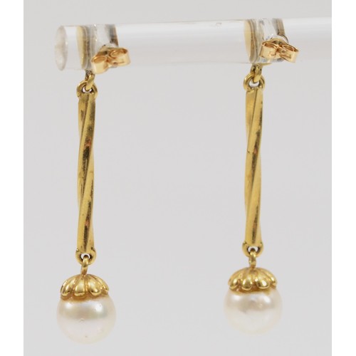 164 - A pair of 14k gold brilliant cut diamond and cultured pearl drop earrings, 35mm drop, 4.1g