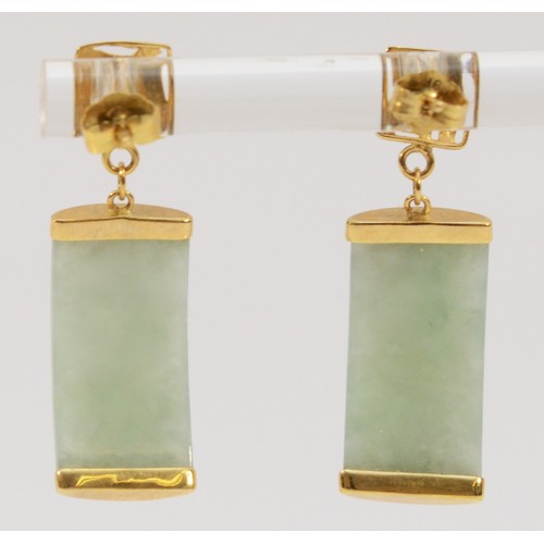 171 - A pair of 9ct gold jade drop earrings with scroll backs, 28mm drop, 3.3g