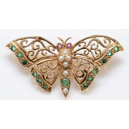 A 9ct gold ruby, emerald and cultured pearl butterfly brooch, 40mm across, 4.6g