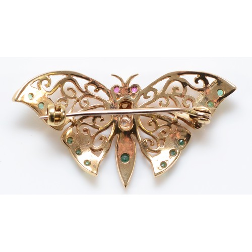 181 - A 9ct gold ruby, emerald and cultured pearl butterfly brooch, 40mm across, 4.6g