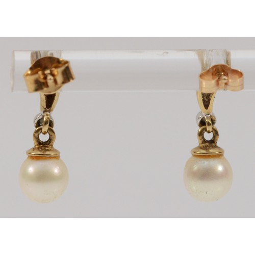 182 - A pair of 9ct gold diamond and cultured pearl drop earrings, 15mm drop, 1.8g