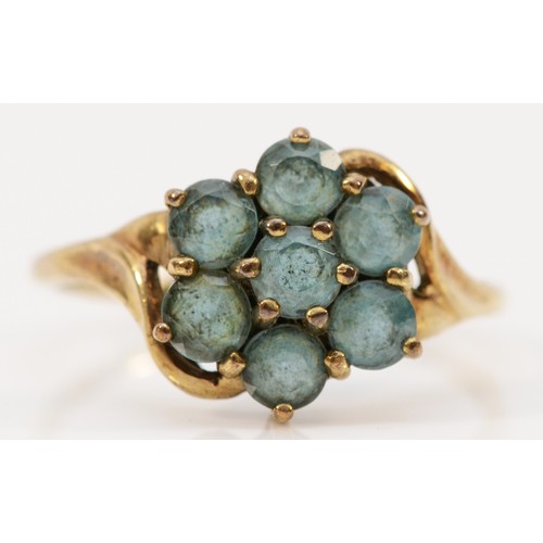 200 - A 9ct gold blue gemstone floral cluster ring, U, 2.7g