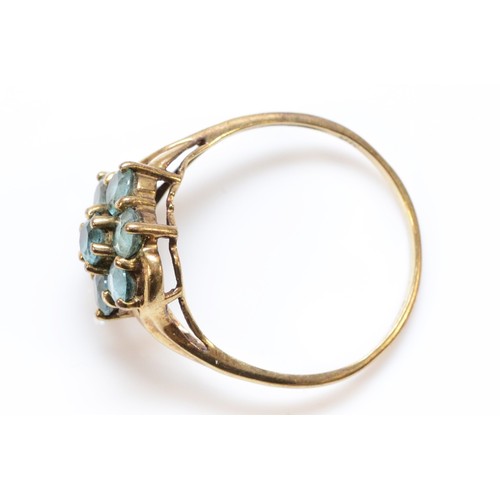 200 - A 9ct gold blue gemstone floral cluster ring, U, 2.7g