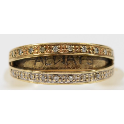 205 - A 9ct gold diamond articulated two row half eternity ring, with a hidden message, O, 4.1g