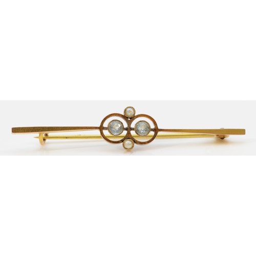 208 - A 9ct gold seed pearl and aquamarine brooch, 50mm across, 1.9g