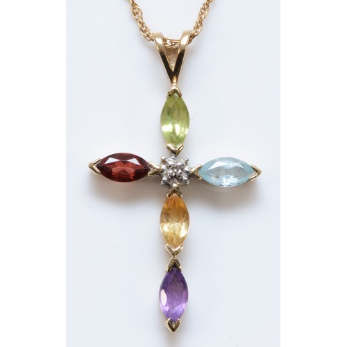 209 - A 9ct gold multi stone cross pendant, to include diamond, amethyst, citrine, garnet, peridot and top... 