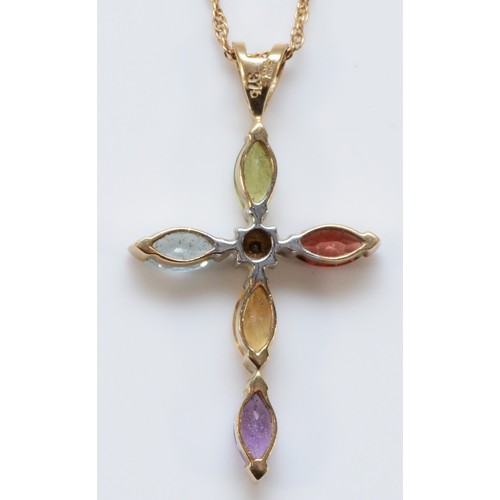 209 - A 9ct gold multi stone cross pendant, to include diamond, amethyst, citrine, garnet, peridot and top... 