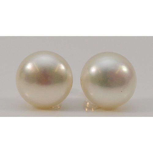 210 - A pair of 9ct gold cultured pearl earring with scroll backs, 12mm diameter, 3.3g